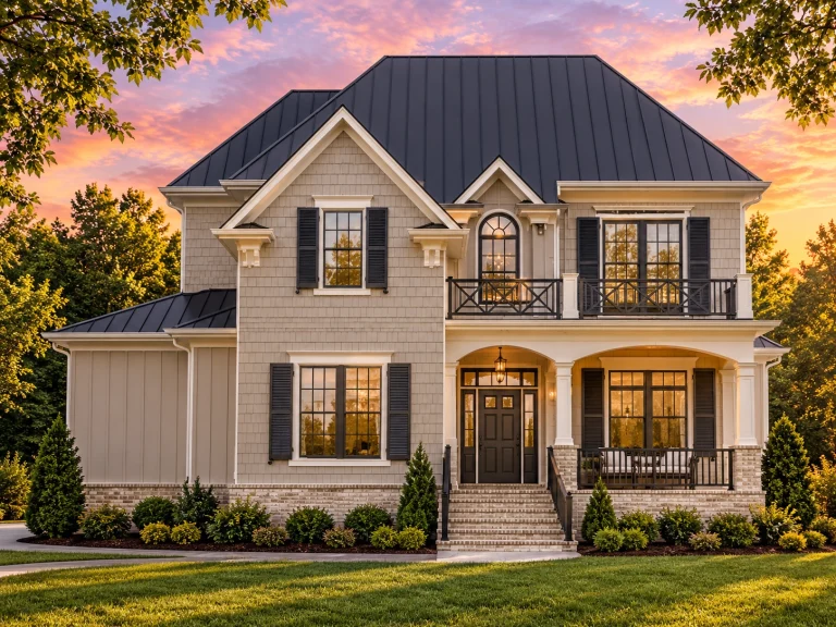 Front elevation of a Coastal Traditional shingle style house with white shingle siding, metal roof, covered porch, and second-story balcony