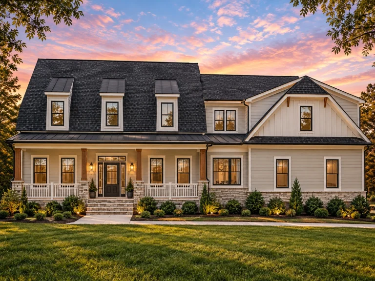 Front elevation of a Cape Cod Colonial style home with horizontal siding, dormer windows, and a welcoming covered porch