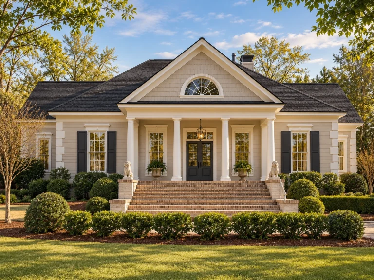 3 Bedroom House Plans 18 Front elevation of a Neoclassical Southern cottage style home with painted clapboard siding, brick steps, and a symmetrical columned porch