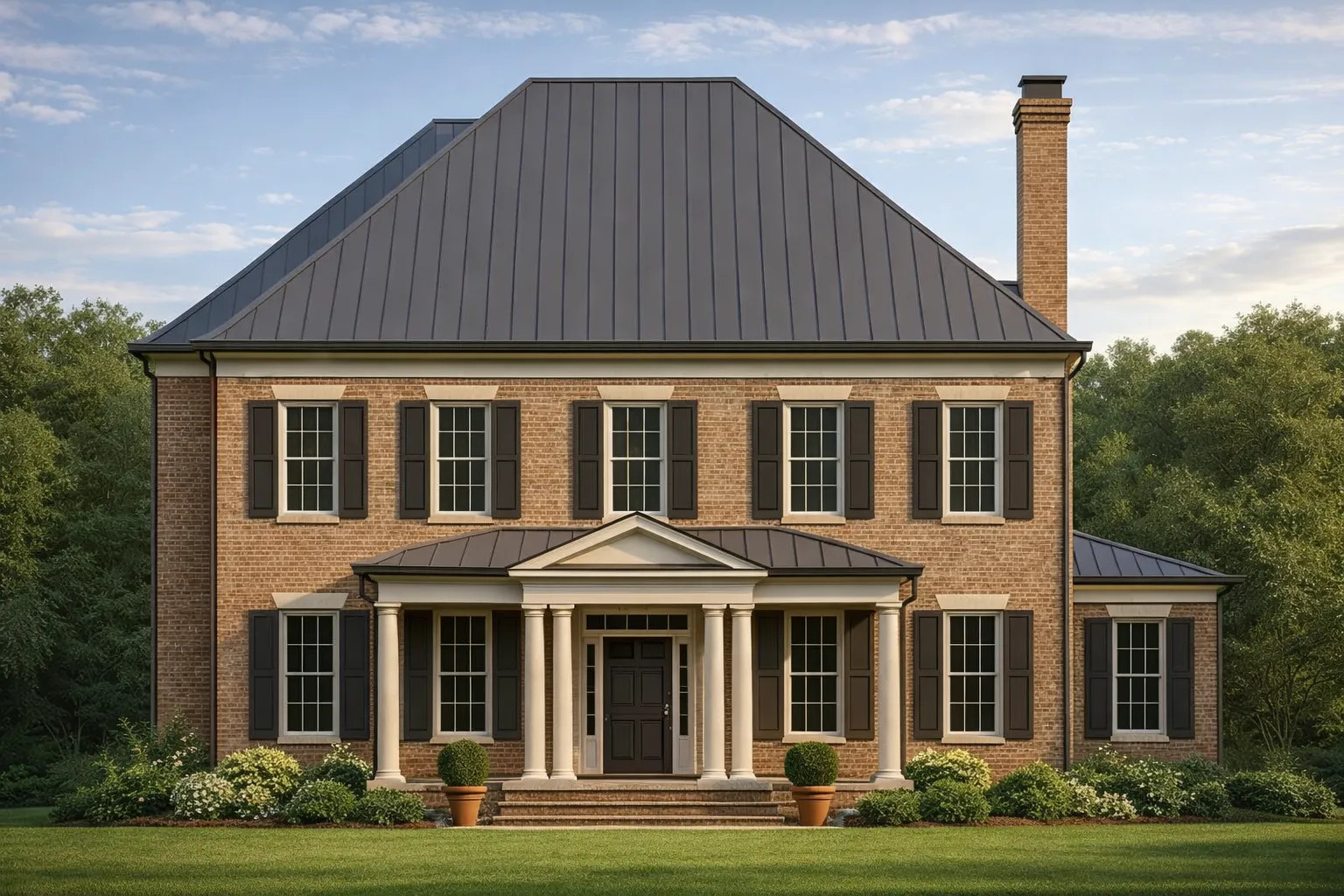 Front elevation of a Georgian Colonial style brick home with symmetrical windows, central entry, classical columns, and steep metal roof