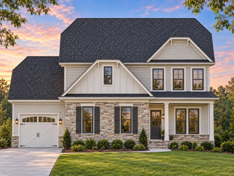 Front elevation of a Traditional Colonial style house featuring stone and horizontal siding, wood shutters, and symmetrical windows for classic curb appeal