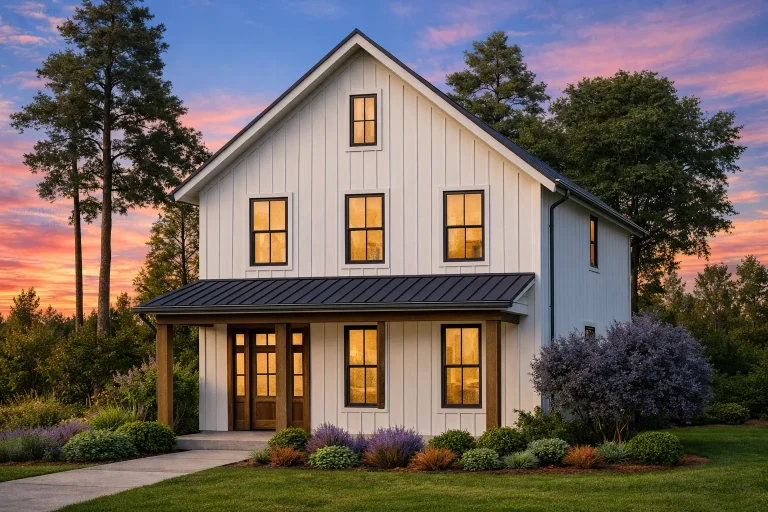 Front elevation of a Modern Farmhouse style home with white board and batten siding, black standing seam metal roof, symmetrical windows, and covered front porch