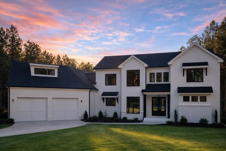 Front elevation of a modern farmhouse style luxury home featuring painted brick, board-and-batten siding, black-framed windows, and side-entry garage