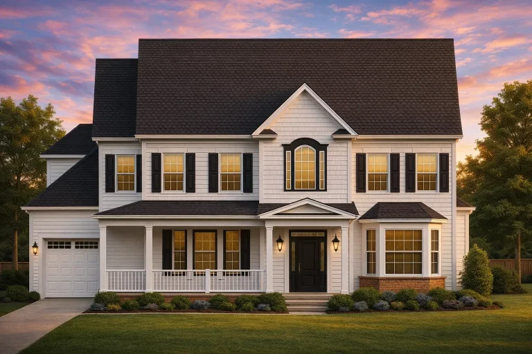Front elevation of Colonial Revival traditional home with white lap siding, black shutters, symmetrical windows, and covered front porch