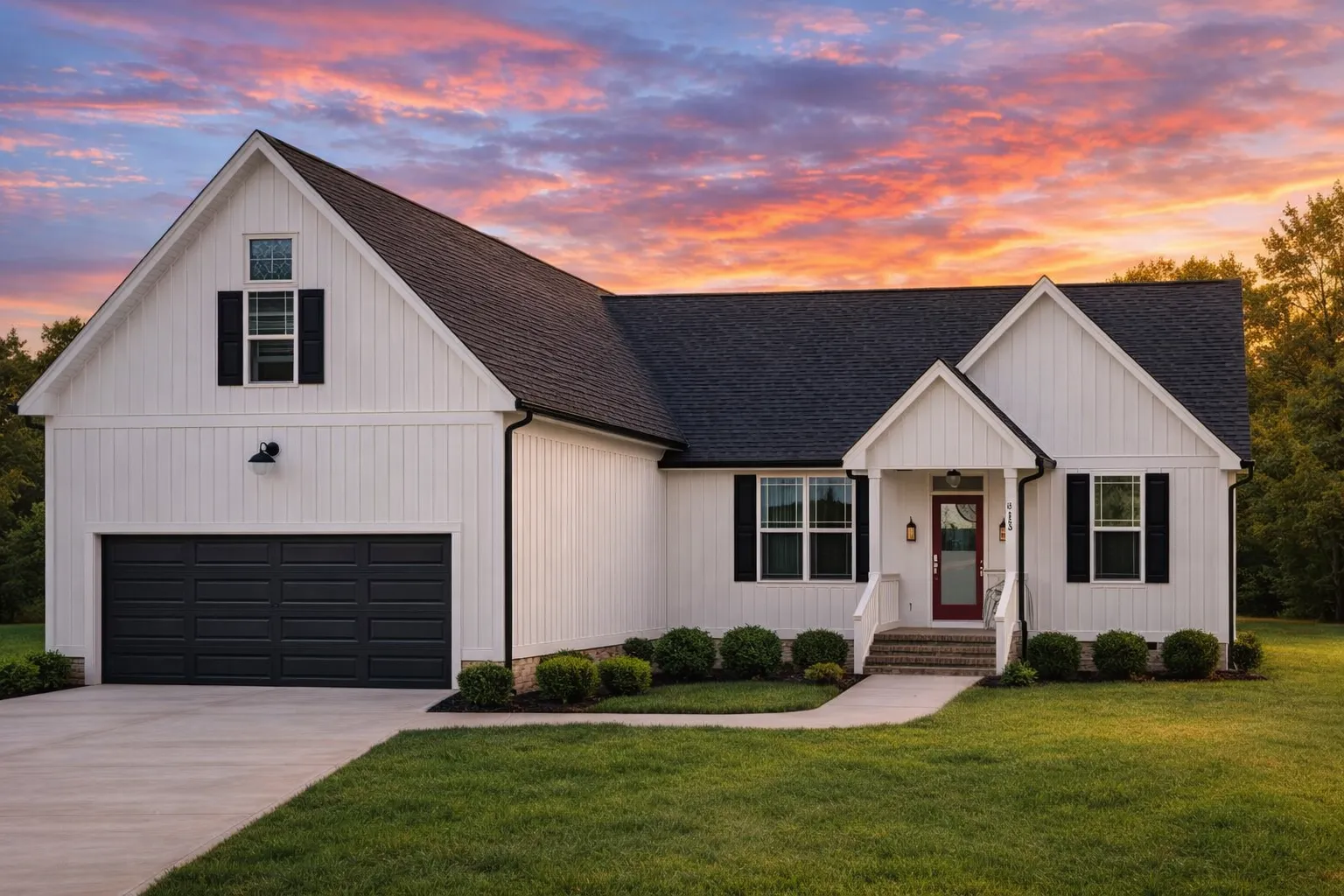 House Plans 3 Front view of a Modern Farmhouse ranch-style home featuring board and batten siding, gable rooflines, covered porch, and a two-car garage.