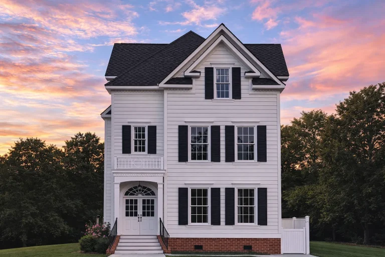 Front elevation of a Traditional Colonial style home with horizontal siding, brick foundation, black shutters, and symmetrical three-story design
