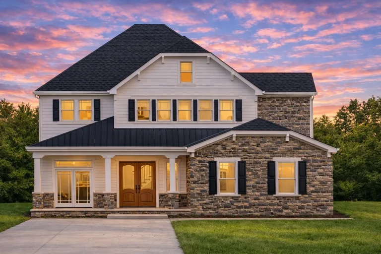 Front elevation of a New American Modern Traditional style home with horizontal siding, stone accents, black windows, and a covered front porch