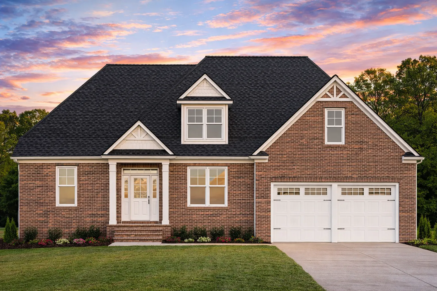 Front elevation of a Traditional Craftsman Farmhouse with stone accents, horizontal siding, shingle gables, and dark-trim windows