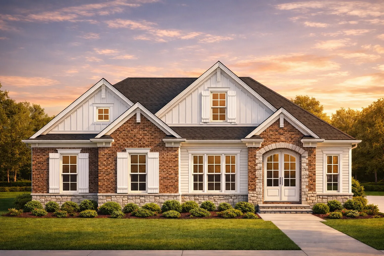 Front elevation of a New American style home featuring brick exterior, board and batten siding, and symmetrical modern traditional design
