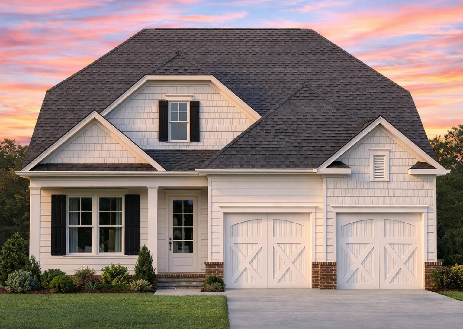 Front view of a Traditional Cape Cod style home featuring horizontal siding, shingle accents, and a stone foundation trim with symmetrical dormers and a two-car garage.