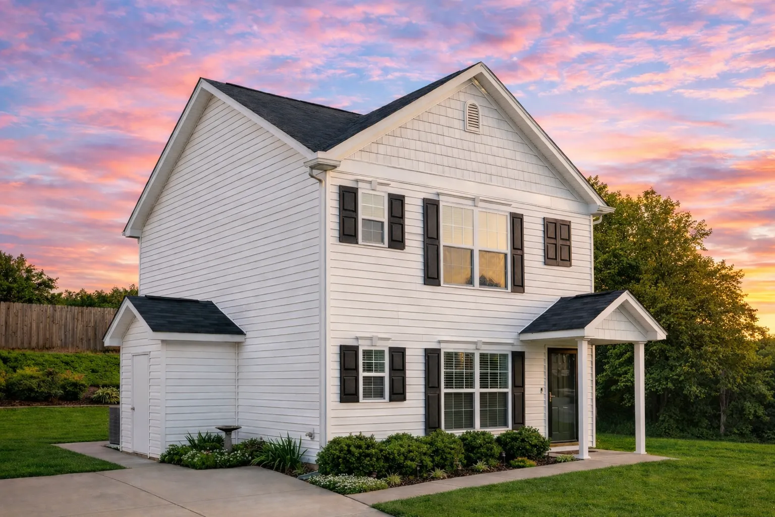 Front elevation of a traditional Colonial-style two-story home featuring white horizontal siding, black shutters, symmetrical windows, and a centered gable roofline