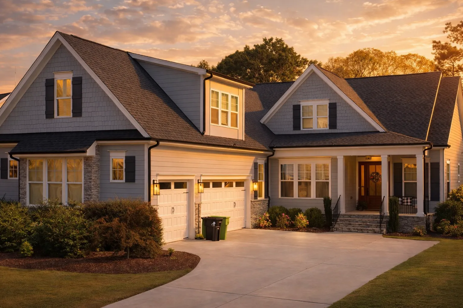 Front elevation of Traditional Classic Suburban home with horizontal lap siding, gabled rooflines, shutters, and double garage