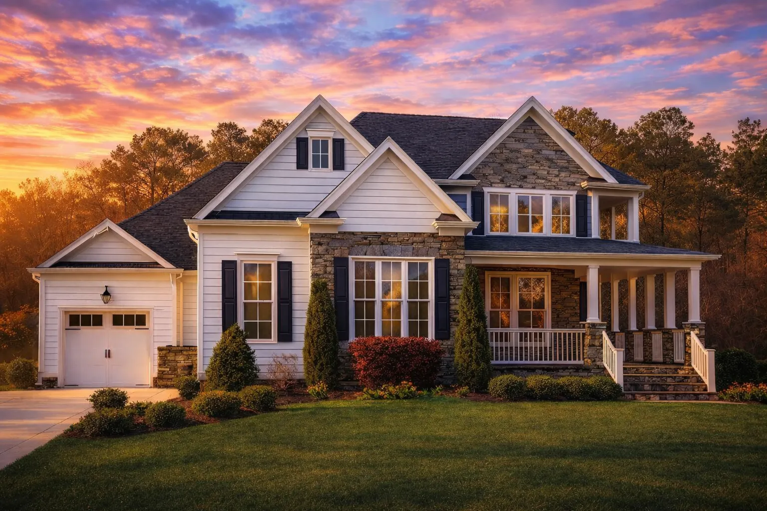 Front exterior view of a New American Modern Traditional house with stone accents, horizontal siding, gabled rooflines, and covered front porch