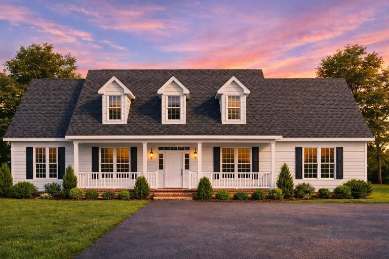 Front elevation of a Traditional Colonial Cape Cod style home featuring horizontal siding, dormers, shutters, and a full-width covered porch