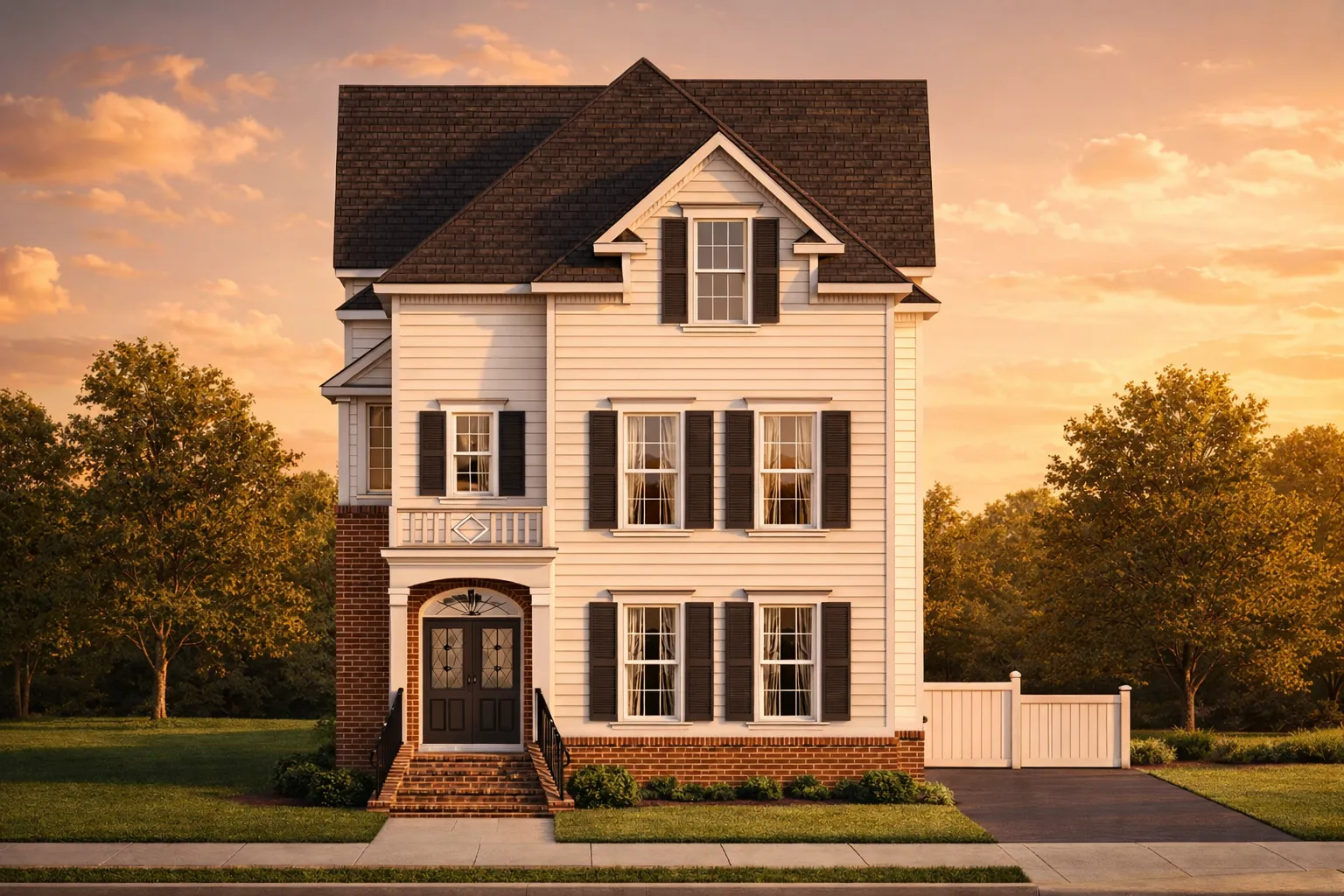 Front elevation of a Traditional Colonial style home with horizontal siding, brick foundation, black shutters, and symmetrical three-story design