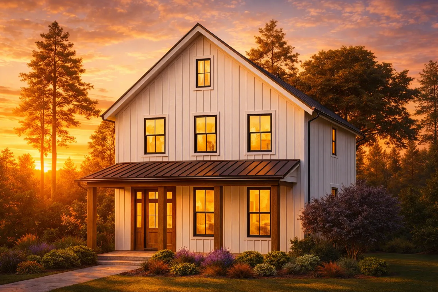 Front elevation of a Modern Farmhouse style home with white board and batten siding, black standing seam metal roof, symmetrical windows, and covered front porch