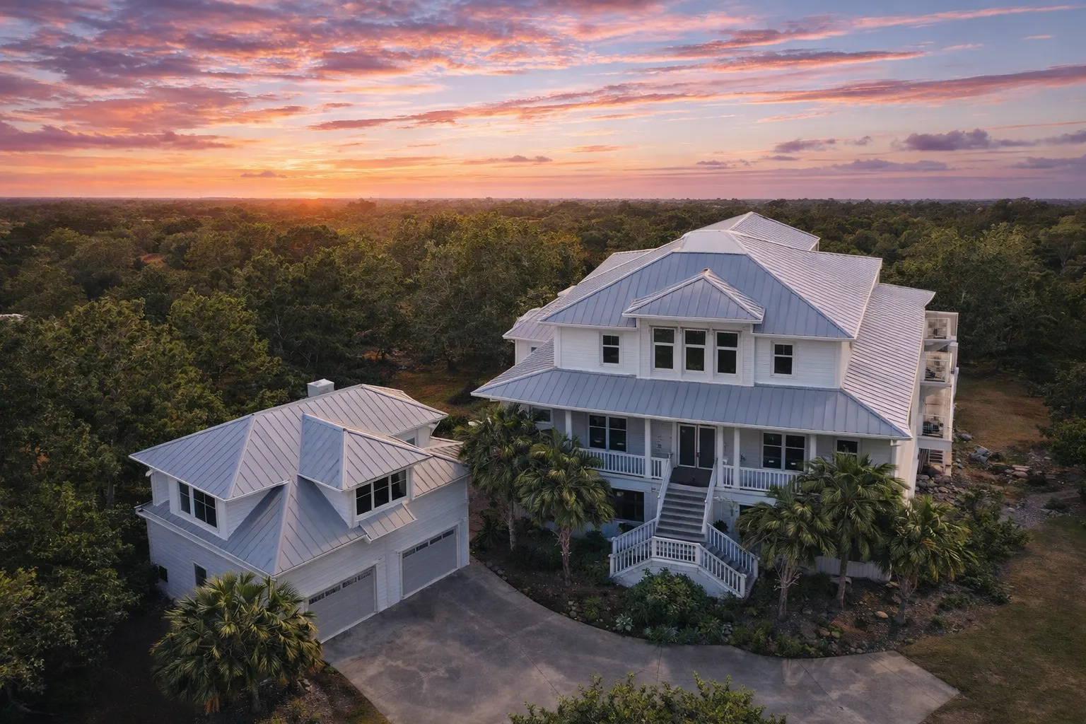 Front elevation of a Coastal Traditional and Classical Southern style home with horizontal lap siding, deep covered porches, symmetrical façade, and raised foundation