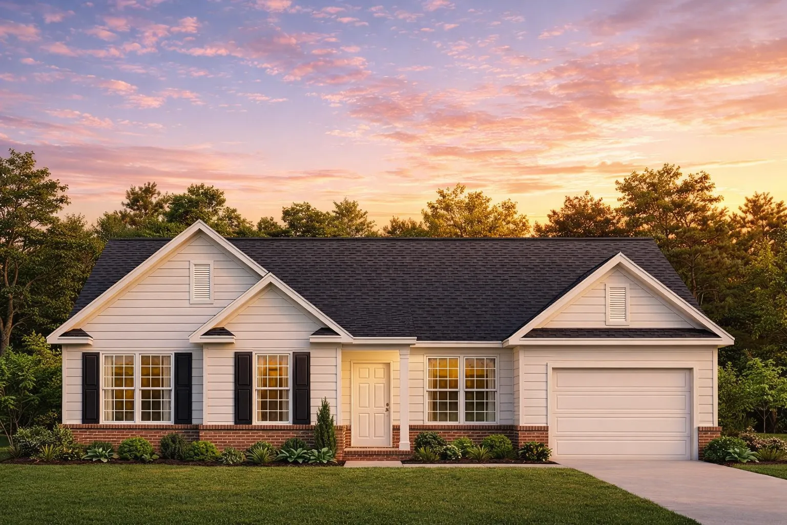 Front elevation of a Traditional Ranch style home with horizontal siding, board-and-batten gable accents, dark shutters, and attached garage