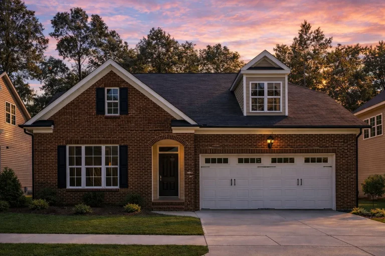 Front view of a Traditional Colonial Revival home with brick and horizontal siding, arched entryway, dormer windows, and double garage.