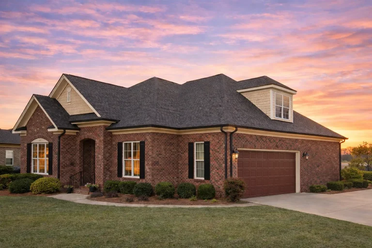 Front elevation of a Traditional New American suburban home featuring a brick exterior, gabled rooflines, arched entry, and attached two-car garage
