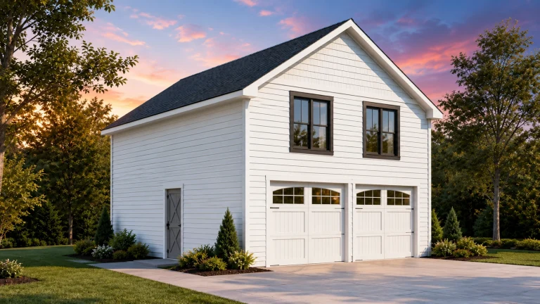 Front elevation of a traditional carriage house garage apartment featuring horizontal lap siding, symmetrical windows, and a two-story gabled form