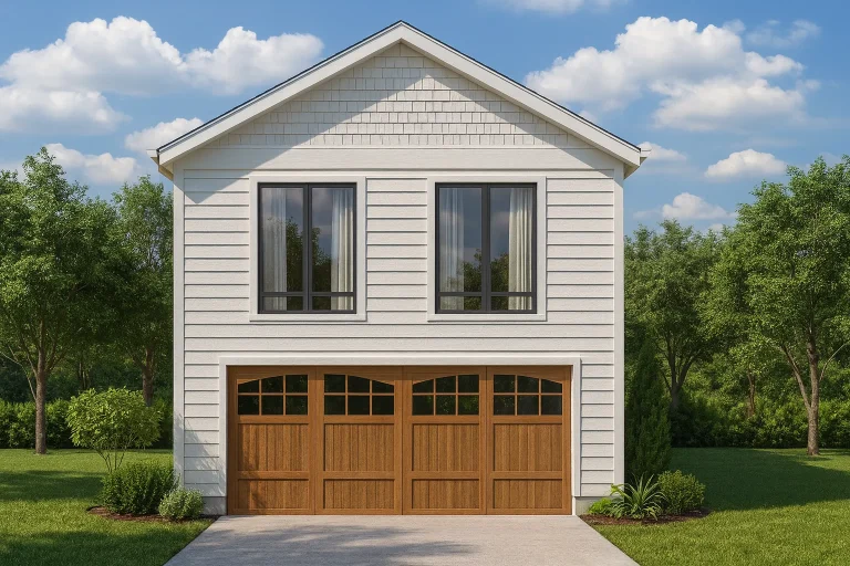 Front elevation of a traditional carriage house garage apartment featuring horizontal lap siding, symmetrical windows, and a two-story gabled form