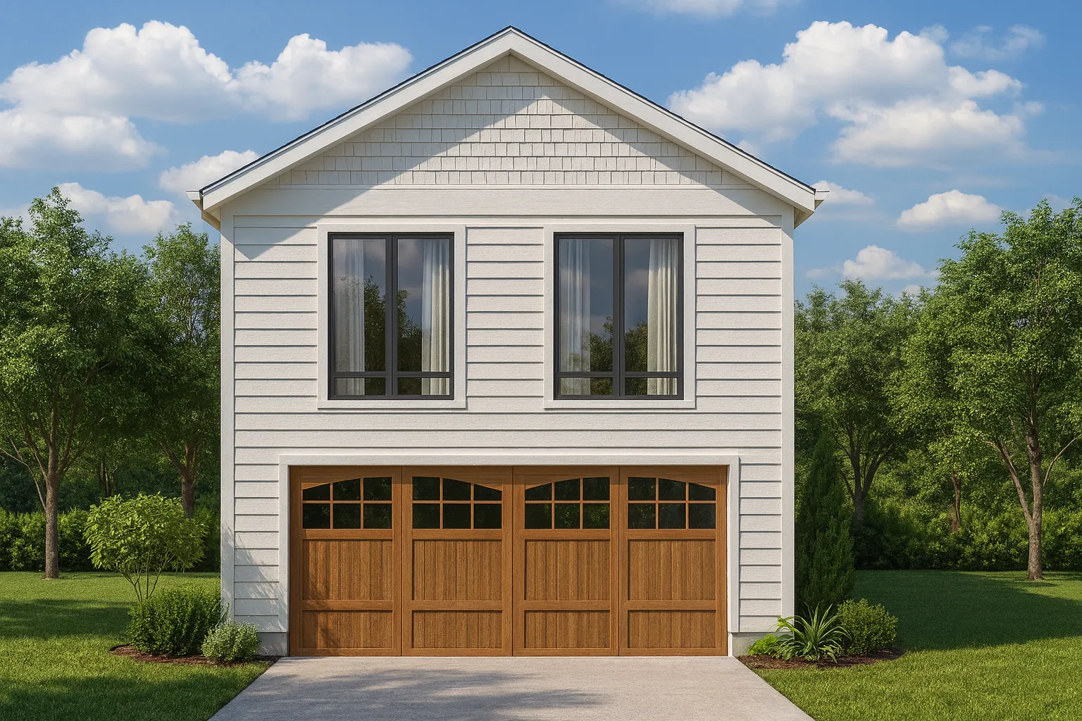 Second Floor Master Bedroom House Plans 12 Front elevation of a traditional carriage house garage apartment featuring horizontal lap siding, symmetrical windows, and a two-story gabled form