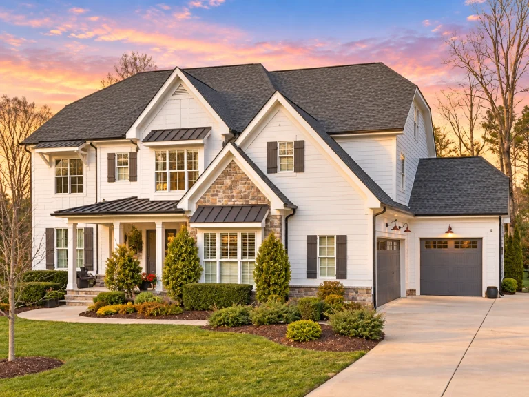 Front exterior view of a New American style two-story suburban home featuring board and batten siding, stone accents, gabled rooflines, and an attached garage