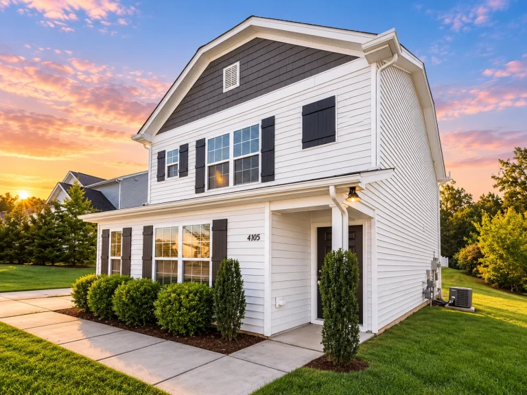 Front elevation of a Colonial style two-story house featuring horizontal lap siding, black shutters, and a traditional covered entry porch with columns.