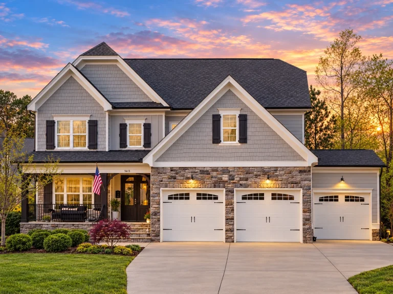Large House Plans 15 Front elevation of a New American Traditional house featuring horizontal siding, shingle accents, stone base, and a three-car garage