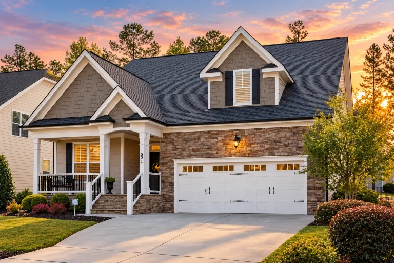 Front elevation of a New American modern traditional house with brick exterior, Craftsman detailing, gabled rooflines, and a covered front porch