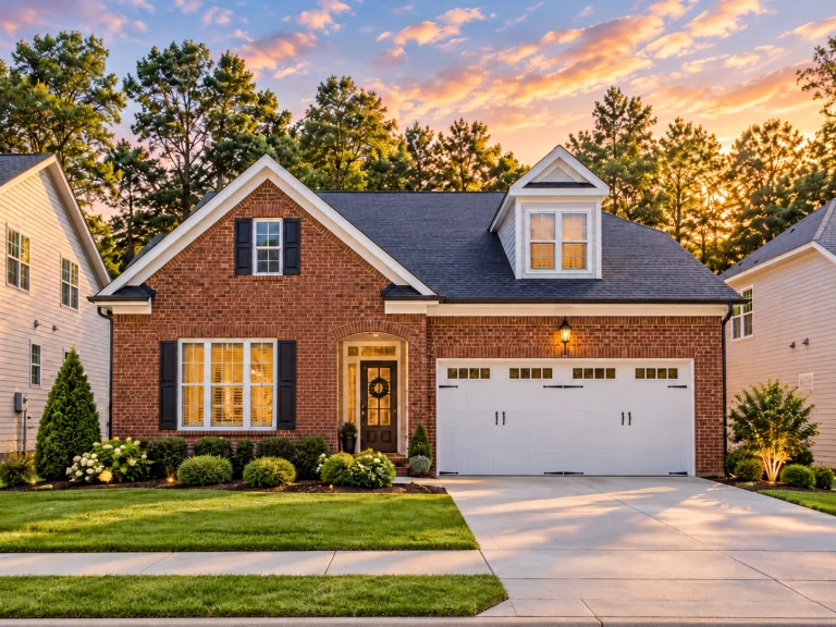 Front view of a Traditional Colonial Revival home with brick and horizontal siding, arched entryway, dormer windows, and double garage.