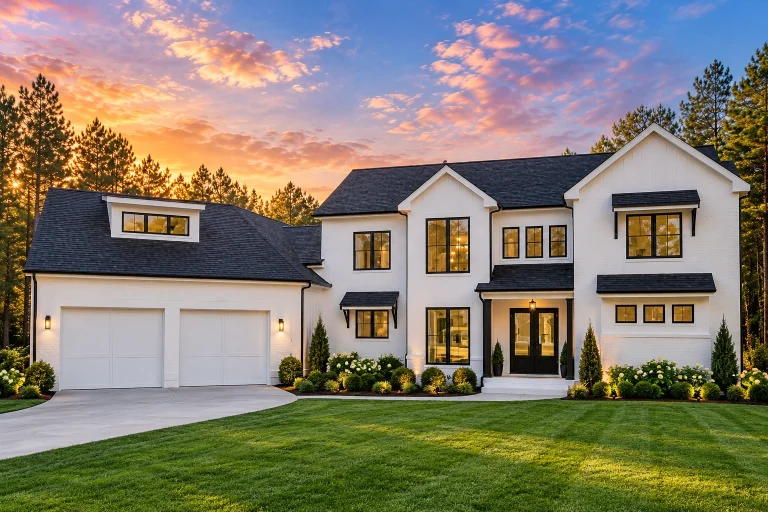 Front elevation of a modern farmhouse style luxury home featuring painted brick, board-and-batten siding, black-framed windows, and side-entry garage