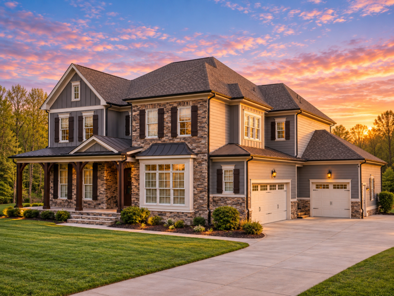 Front elevation of a New American Traditional style home with board and batten accents, horizontal lap siding, symmetrical windows, and covered entry porch