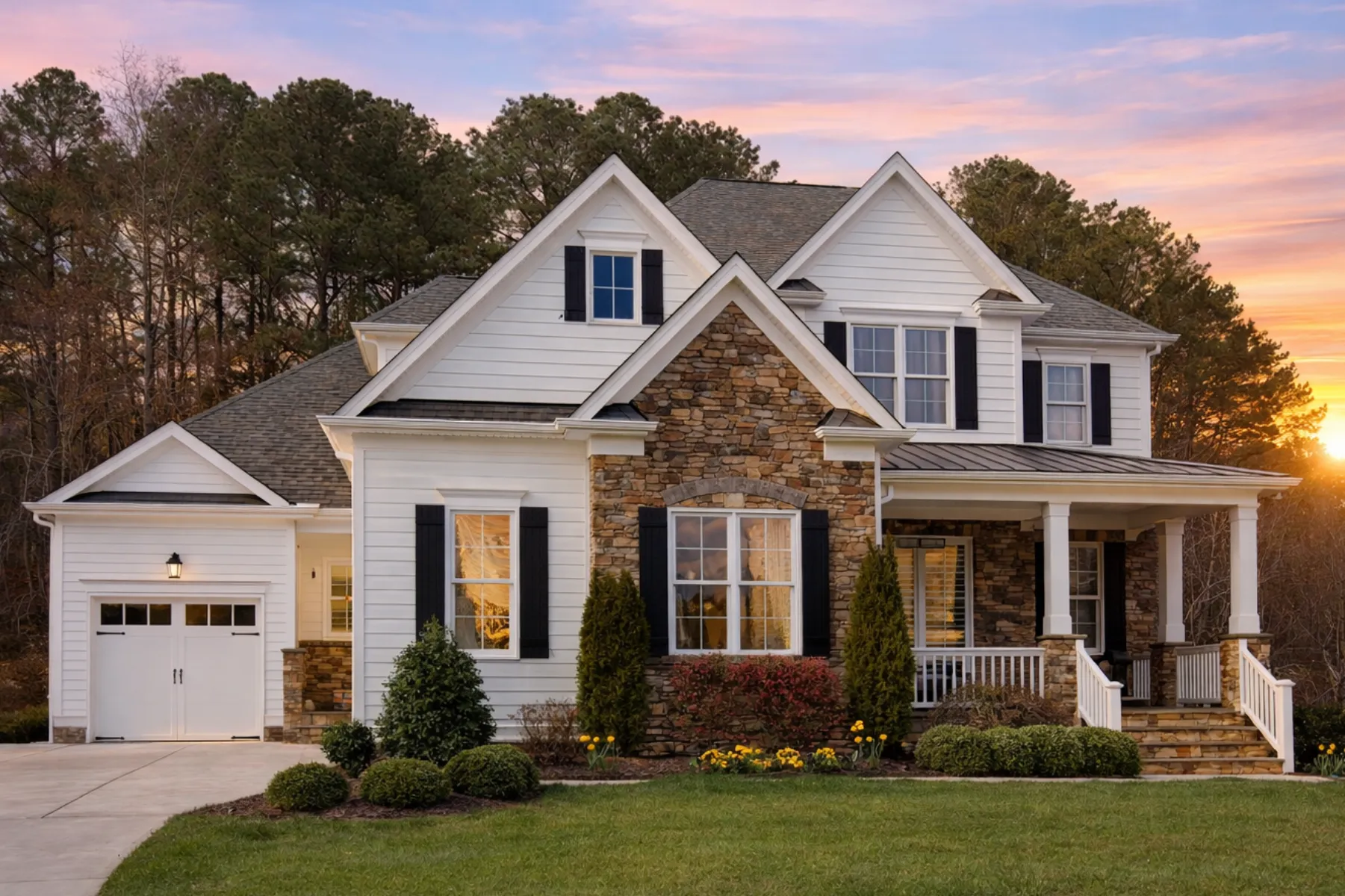 Front exterior view of a New American Modern Traditional house with stone accents, horizontal siding, gabled rooflines, and covered front porch