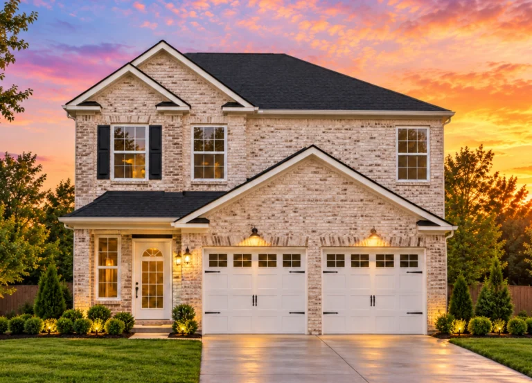 Modern Farmhouse House Plans 4 Front elevation of a two-story Traditional New American style house featuring beige horizontal lap siding, stone porch base, black shutters, and dual garage doors.