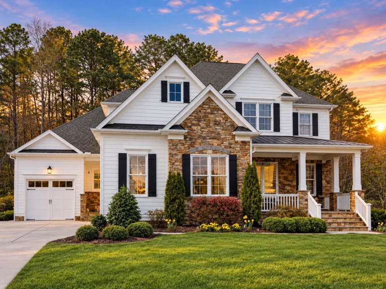 Front exterior view of a New American Modern Traditional house with stone accents, horizontal siding, gabled rooflines, and covered front porch
