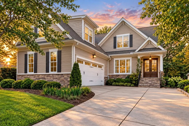 Front elevation of a Transitional Farmhouse home featuring shingle siding, lap siding, stone water table, and black window shutters