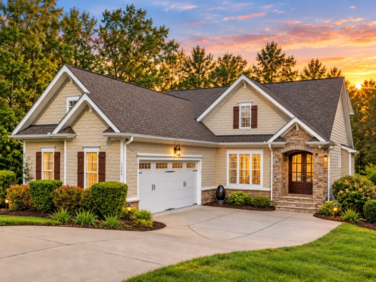 Cottage House Plans 21 Front elevation of a New American style home featuring brick exterior, board and batten siding, and symmetrical modern traditional design