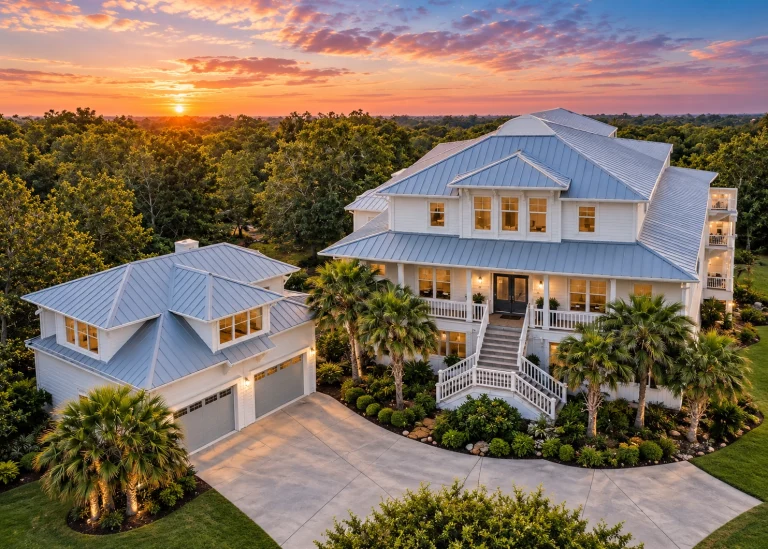 Beach House Plans 23 Front elevation of a Coastal Traditional and Classical Southern style home with horizontal lap siding, deep covered porches, symmetrical façade, and raised foundation