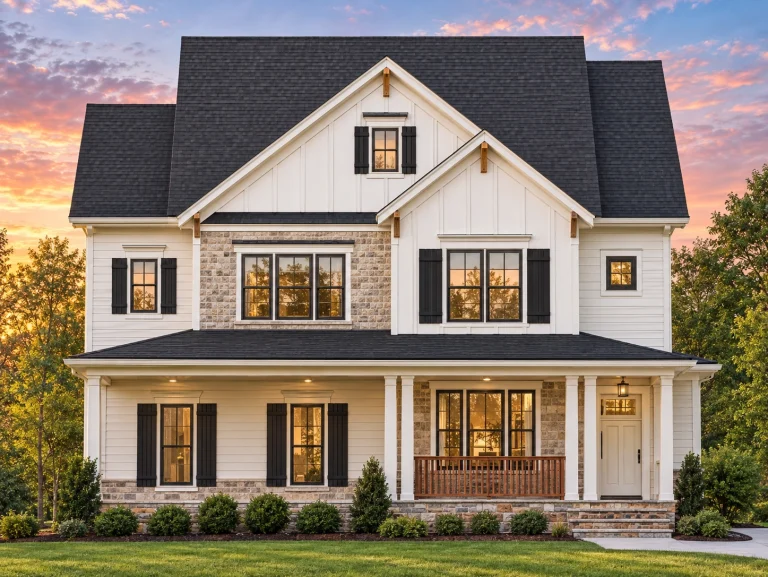 Front elevation of a Modern Farmhouse New American style home featuring board and batten siding, gabled rooflines, black shutters, and a covered front porch