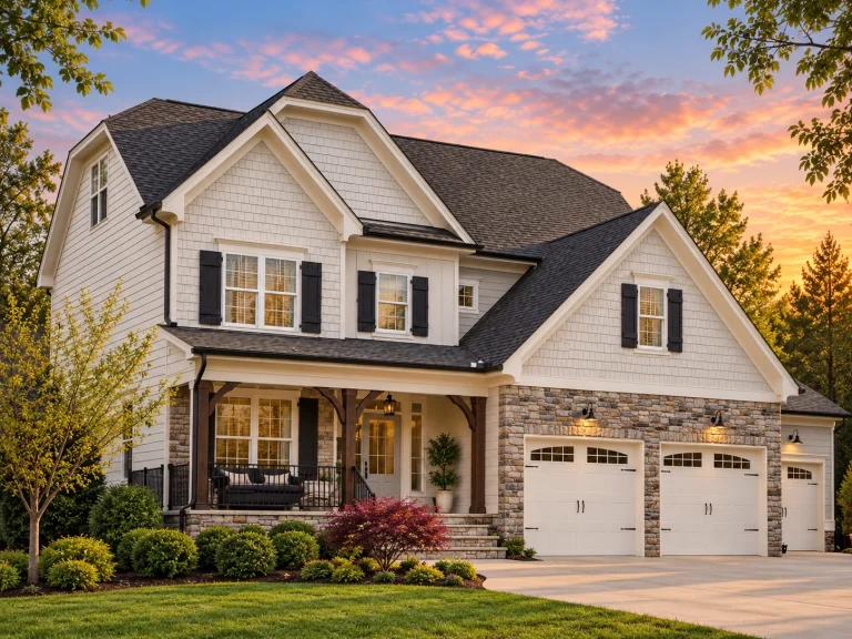 Front elevation of a New American Traditional house featuring horizontal siding, shingle accents, stone base, and a three-car garage