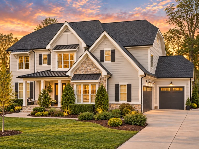 Front exterior view of a New American style two-story suburban home featuring board and batten siding, stone accents, gabled rooflines, and an attached garage