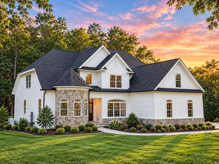 Front view of a Traditional Colonial home with horizontal siding, stone accents, gabled rooflines, and symmetrical windows for classic curb appeal
