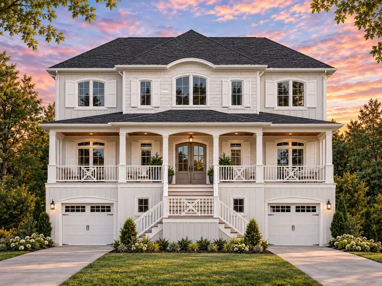 Front elevation of Coastal Traditional Low Country style home with white lap siding, double stacked porches, and dual garage bays