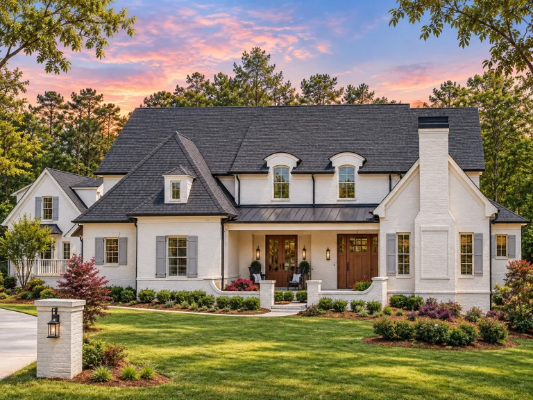 Modern Suburban House Plans 12 Front elevation of a French Country Southern Traditional style home with stucco exterior, brick accents, steep gabled roof, and covered front porch