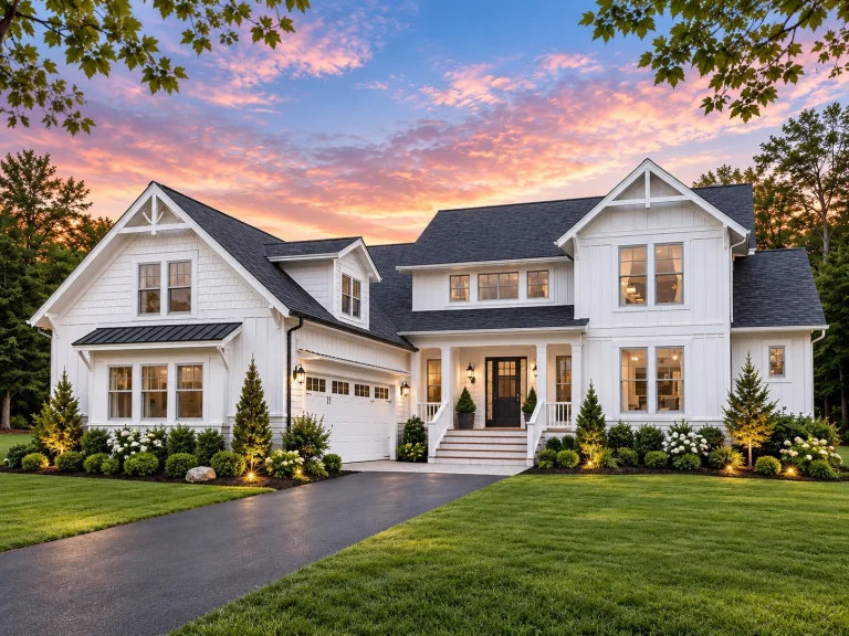 Top Designer-Approved House Plans 25 Front exterior of a New American Modern Traditional house featuring shingle siding, Craftsman gables, and covered porch