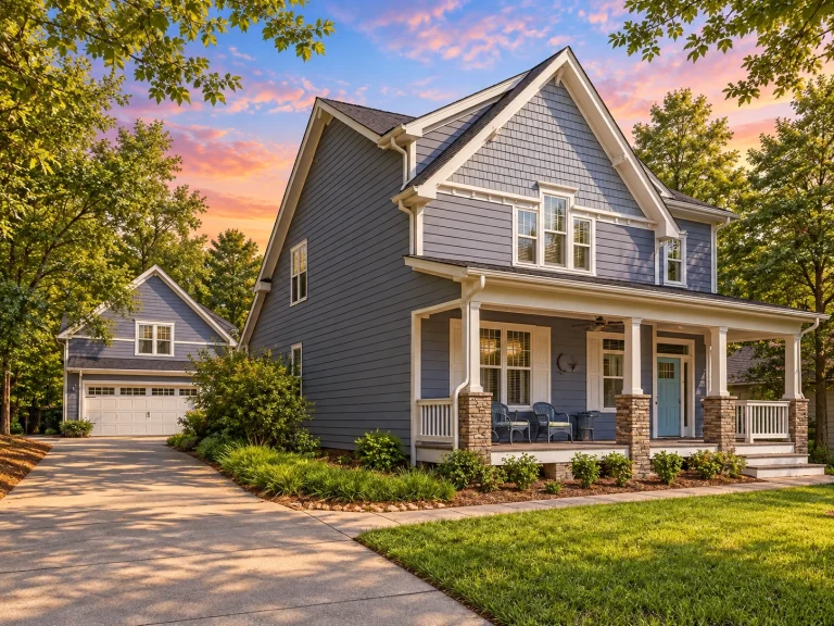 Front exterior of a New American Craftsman style home with lap siding, shingle accents, covered porch, and detached garage