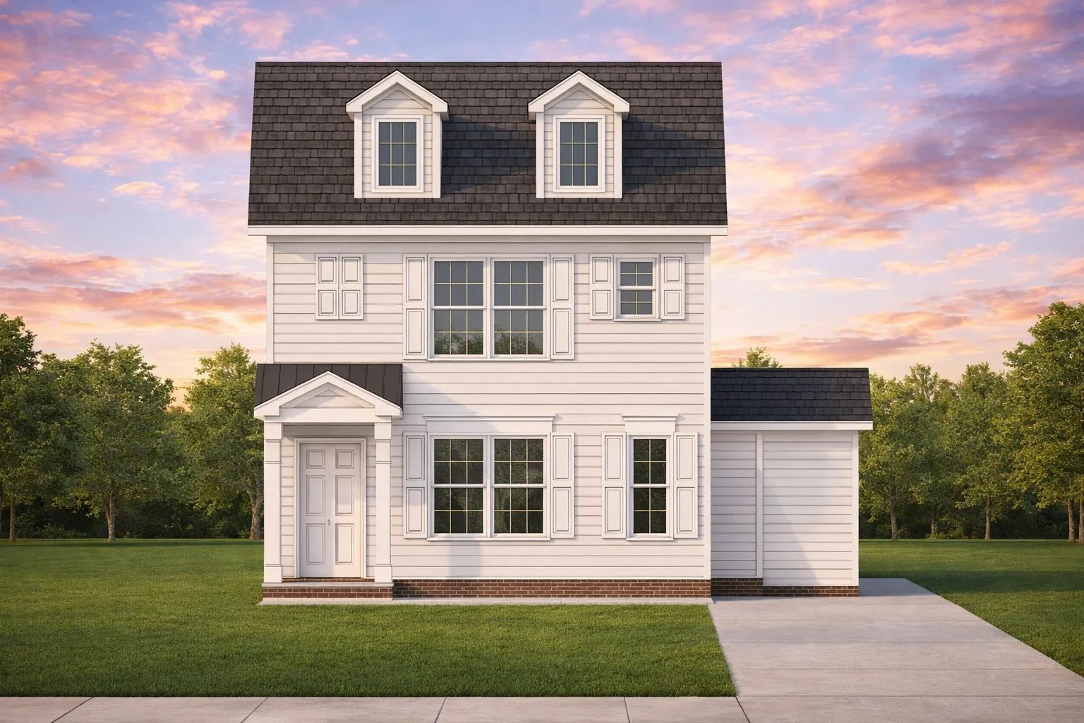 4 Bedroom House Plans 2 Front elevation of a Colonial style two-story house featuring horizontal lap siding, black shutters, and a traditional covered entry porch with columns.