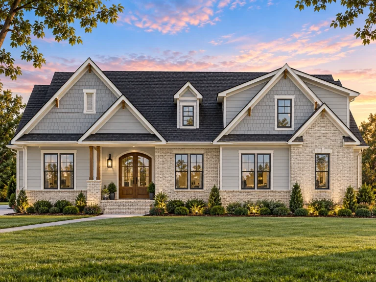Front elevation of a Cape Cod traditional style home featuring horizontal siding, stone accents, symmetrical dormers, and a covered front porch